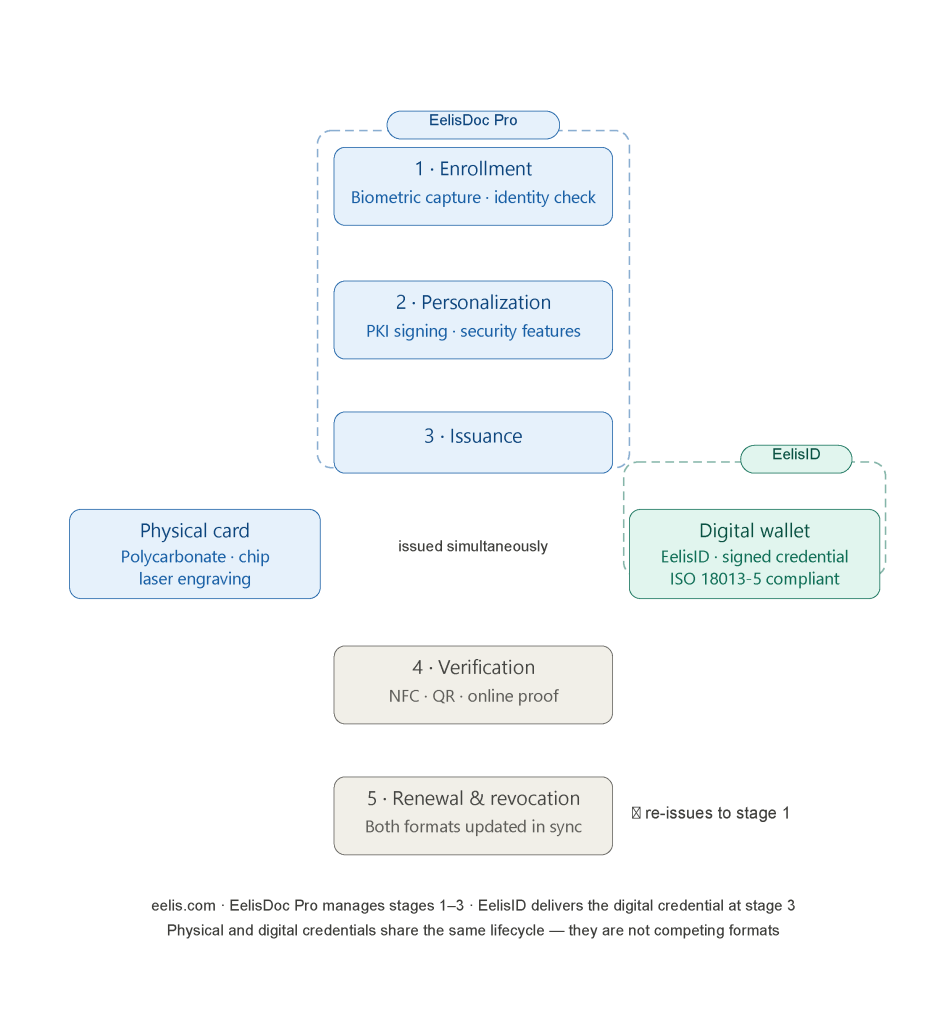 The 5-stage credential lifecycle (Enrollment → Personalization → Issuance → Verification → Renewal)